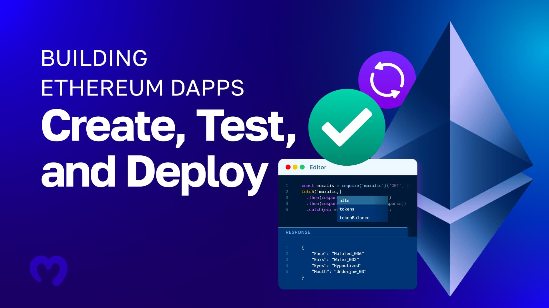 We see the Ethereum logo with code snippets in front and the title "Building Ethereum Dapps - Create, Test, and Deploy".