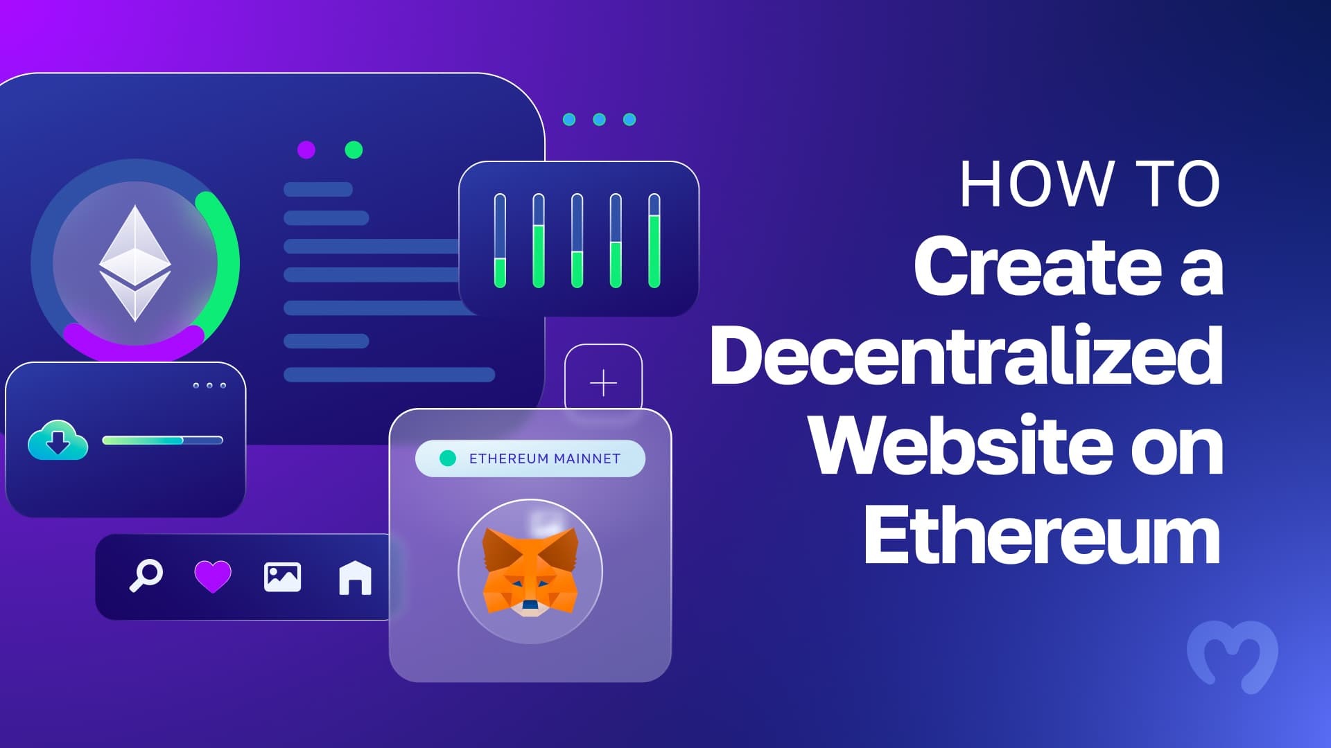 Purple background with essential components to create a decentralized website, such as a Web3 wallet, and cloud storage.