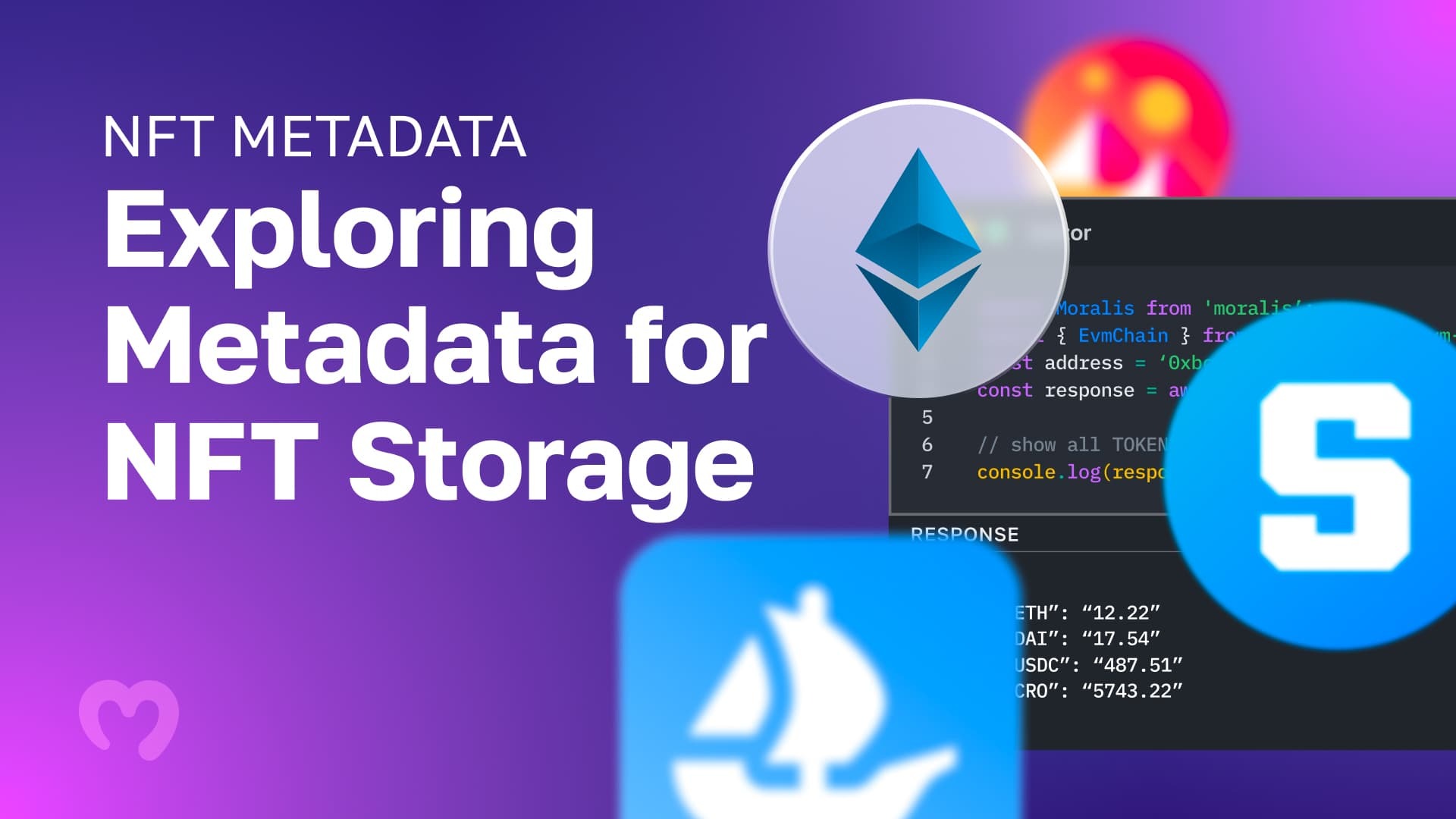 Multiple NFT metadata files next to a editor with the text Exploring Metadata for Storage.