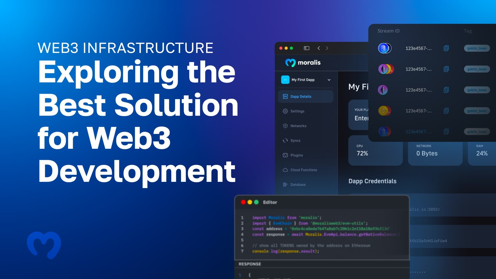 A blue background with white text that states "Web3 Infrastructure - Exploring the Best Solution for Web3 Development" and on the right-hand side you see a code editor with API endpoints.