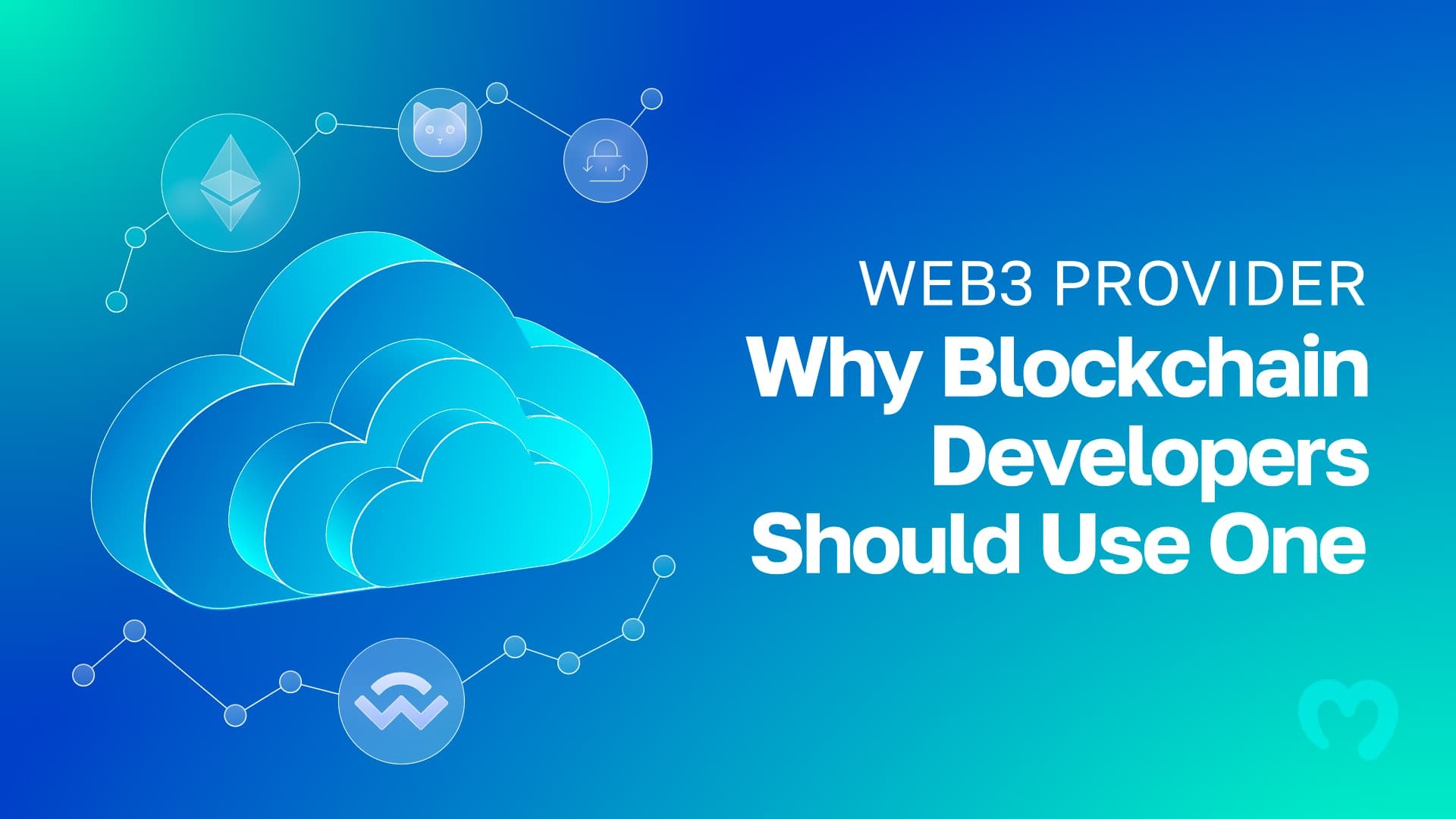Various elements such as the Ethereum blockchain, a crypto wallet, nodes, etc., and a text that says "Web3 providers - Why Blockchain Developers Should Use One".