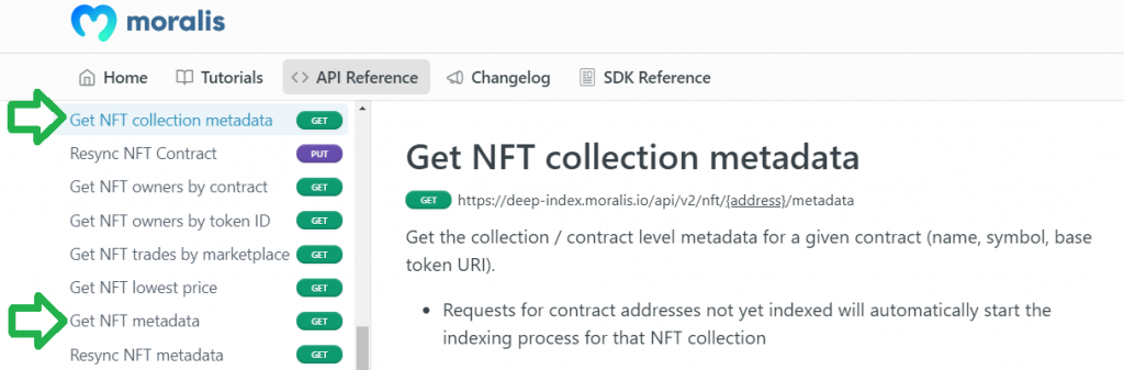 get nft collection metadata documentation page from moralis