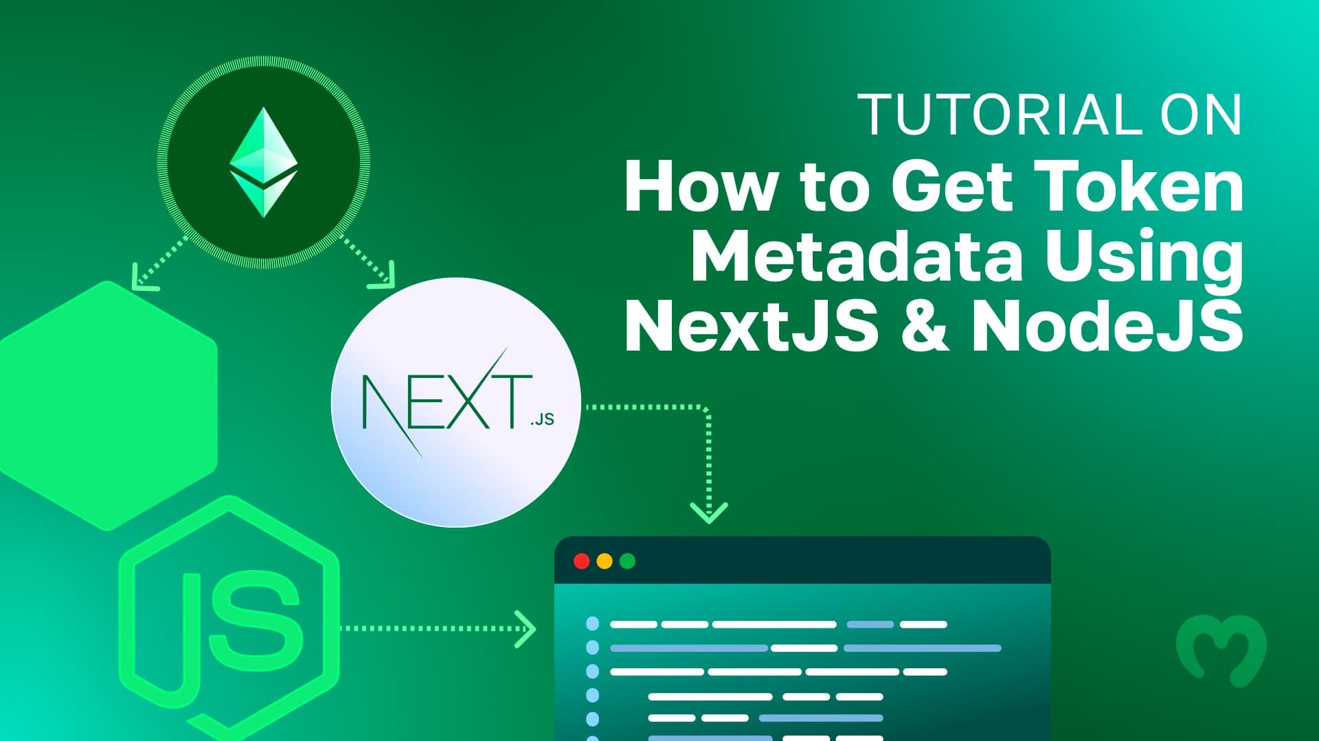 tutorial on how to get token metadata using nextjs and nodejs title on a green background with a code editor and various symbols in the background