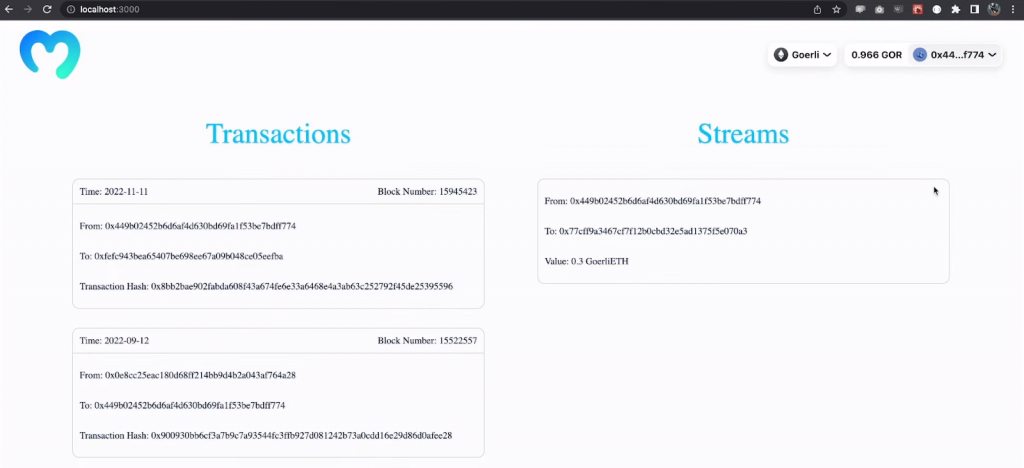 showing two sections - transactions and streams - on the web3 wallet tracker application page