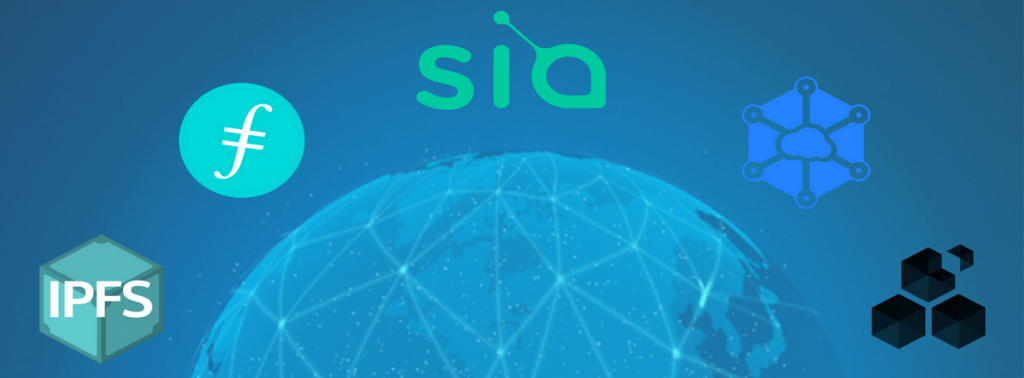 a globe surrounded by blockchain storage solutions such as sia, filecoin, and ipfs
