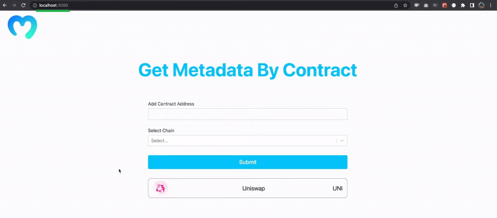 landing page of dapp showing the title get metadata by contract and two input fields