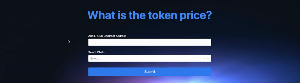 landing page of the app showing the get token price title and two input fields