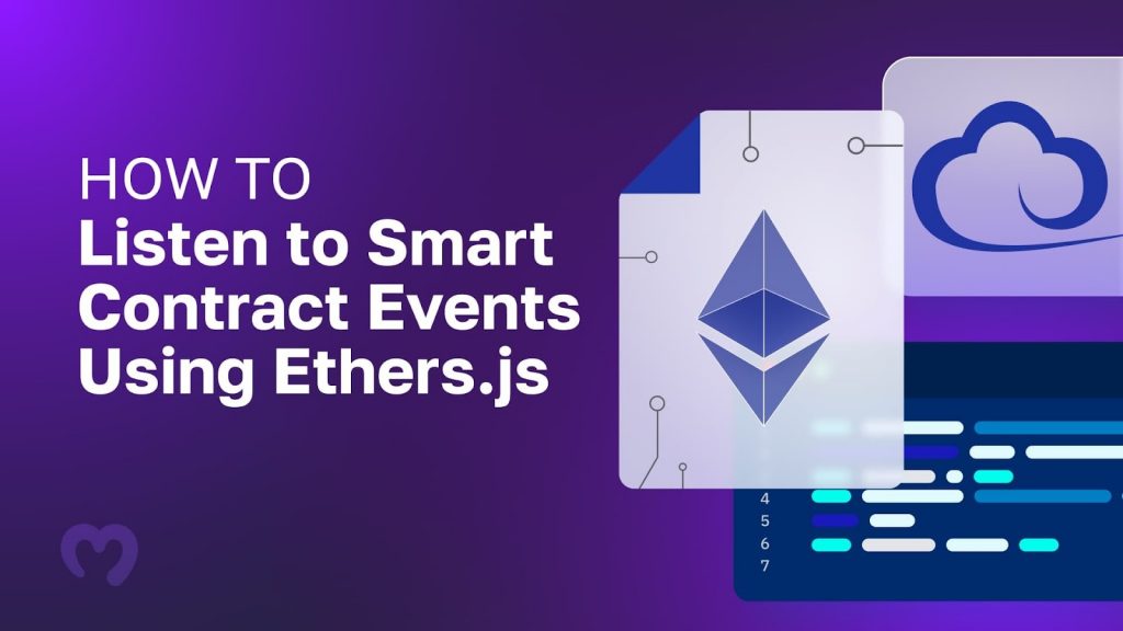 purple background with an editor showing code for ethers.js events and functions