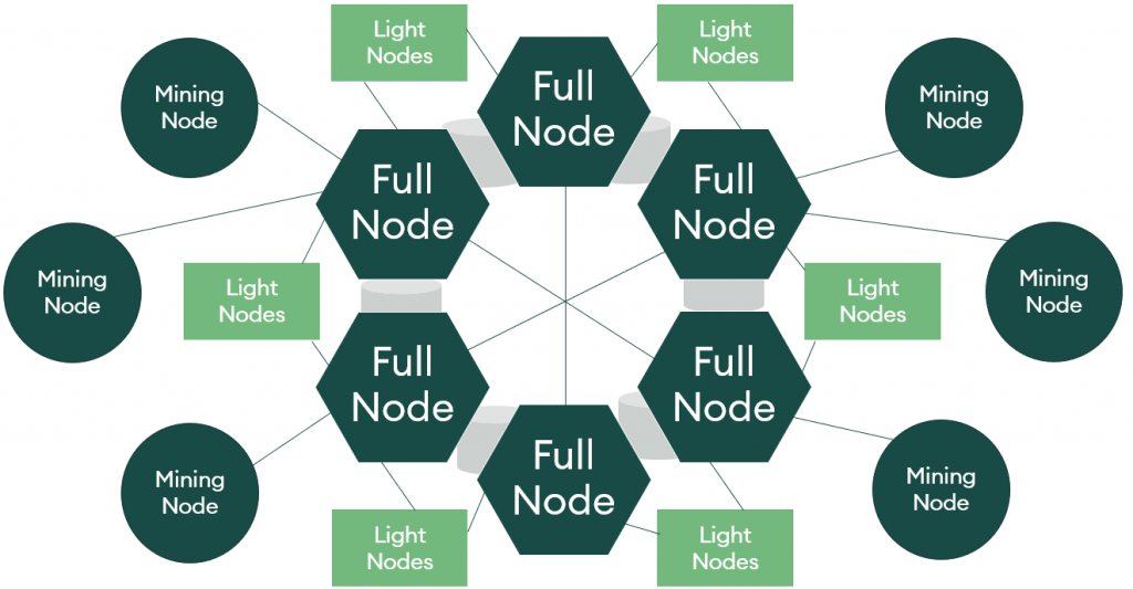 full nodes in the center, surrounded by light nodes and mining nodes