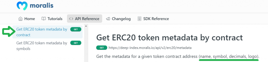 documentation page showing the landing page on how to get token metadata