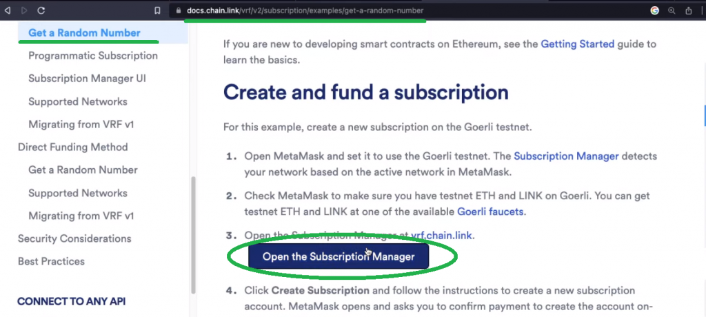 Subscription manager button on Chainlink website