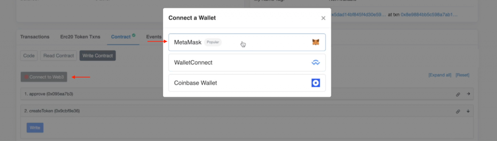 Module showing the Connect a Wallet to Etherscan button
