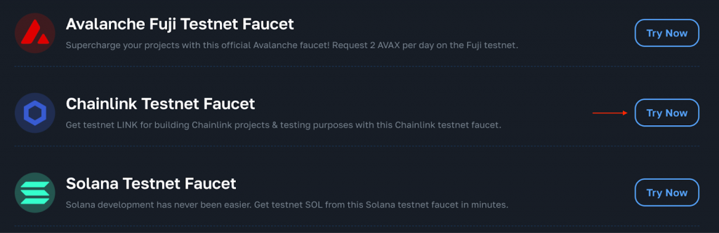 Crypto faucet landing page showing various faucets, including the Chainlink testnet faucet