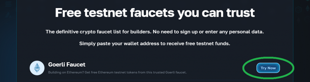 Try Now button on the Ethereum faucets page