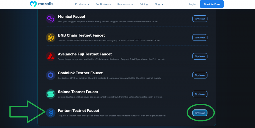 Various testnet faucets outlined including the Fantom Testnet Faucet and the Try Now button