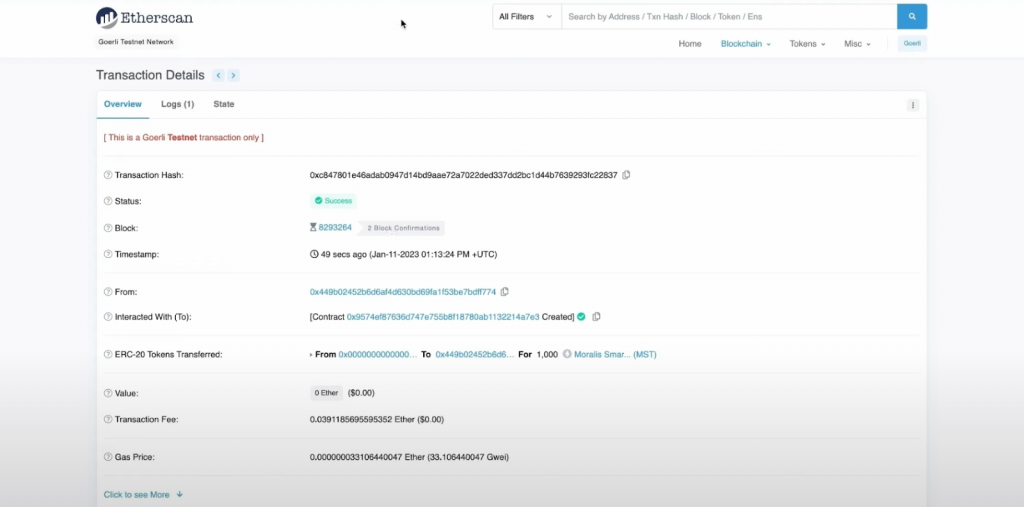 Etherscan showing success message and transaction details of our newly created ERC20 token