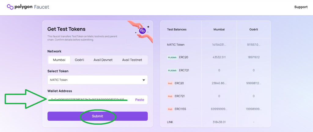 Submit button on the Polygon Mumbai faucet page to get free MATIC test tokens