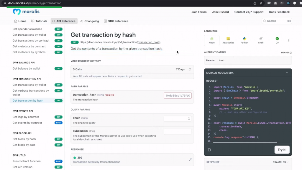 Moralis documentation page showing the get transaction by hash landing page details
