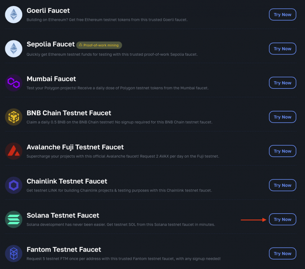 Moralis Crypto Faucet List Outlining Various Testnet Faucets - User Selects the Solana Testnet Faucet via the Try Now Button