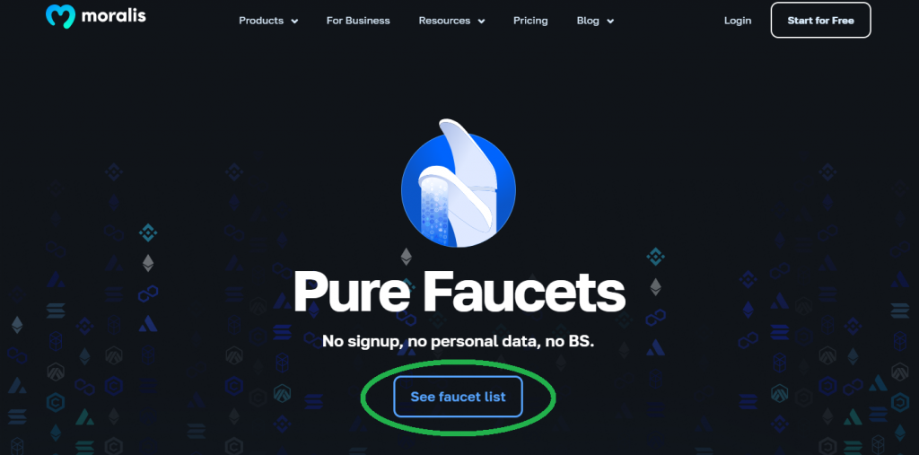 Landing page - Moralis Pure Faucets and the See Faucet List button