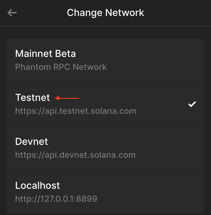 Phantom Wallet Network Selection Page