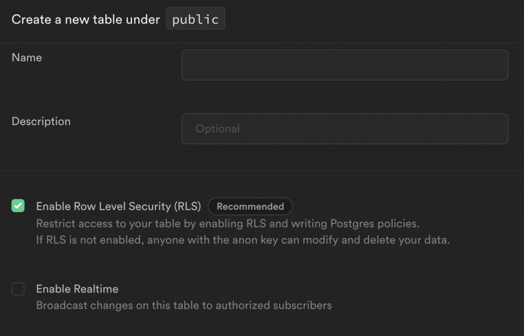 Security table enabling the user to enable row level security