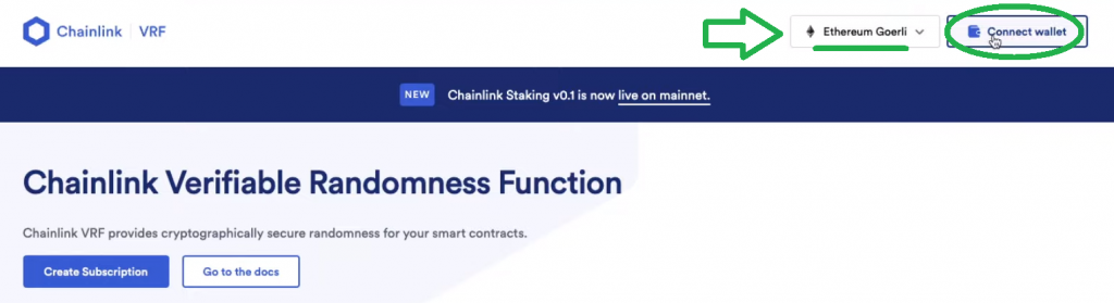 Connect to Goerli and MetaMask button on Chainlink landing page