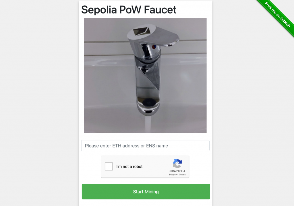Sepolia Faucet landing page with an entry field to input a wallet address to get testnet ETH