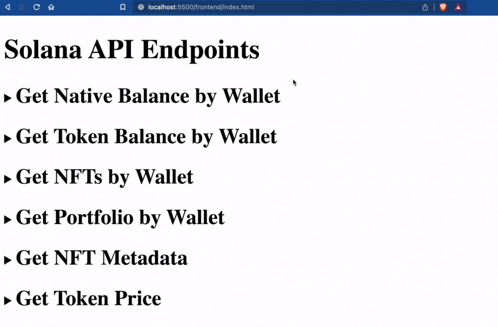 Endpoints outlined from the Solana Python API