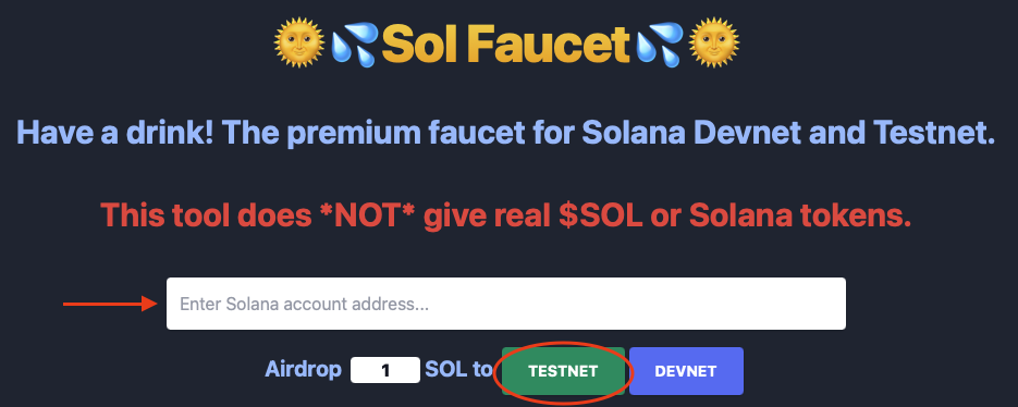 Landing Page of the Solana Testnet Faucet Highlighting the TESTNET Button and Wallet Address Entry Field