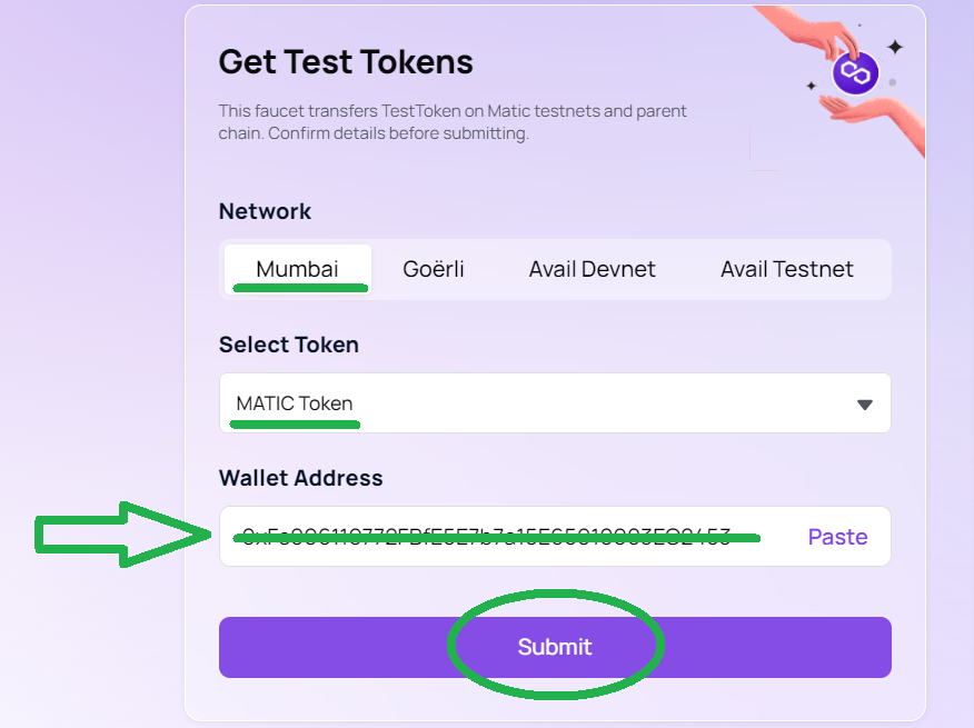 Get Test MATIC module and the Submit button on the Mumbai faucet landing page