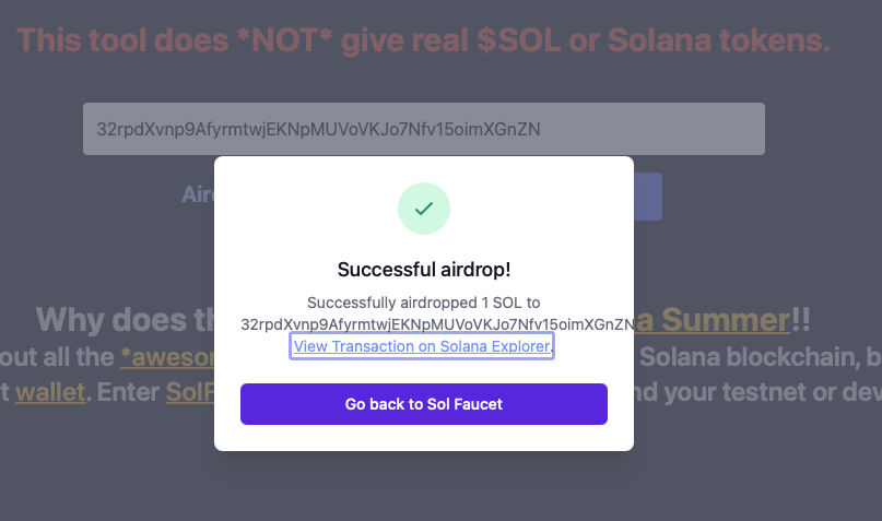 Success message - User have aquired testnet SOL from the Solana Faucet