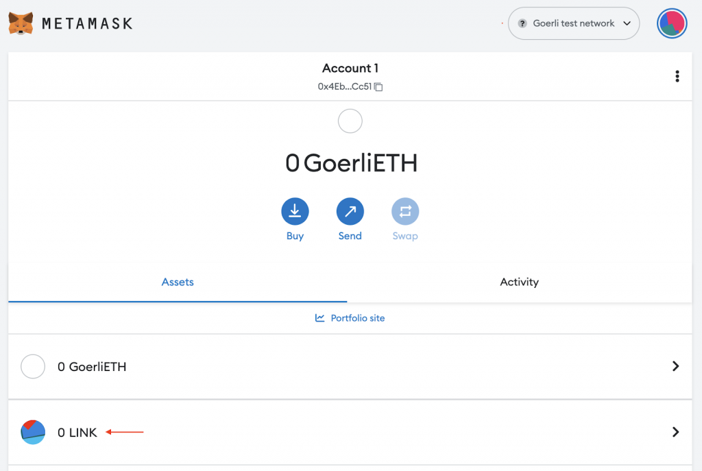 Showing the testnet LINK tokens added to MetaMask