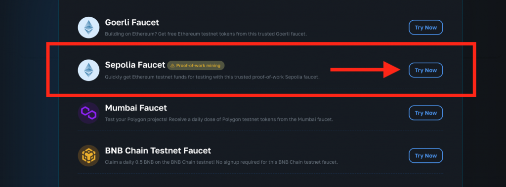 The Sepolia testnet faucet highlighted next to a Try Now button