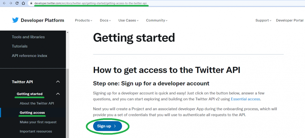 Landing page of Twitter Developer Portal