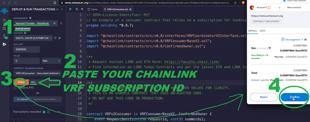 Deploy button and our Chainlink NFT code structure inside the Remix IDE