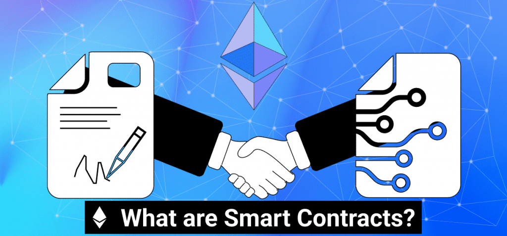 two men handshaking a deal physically while typing up a smart contract