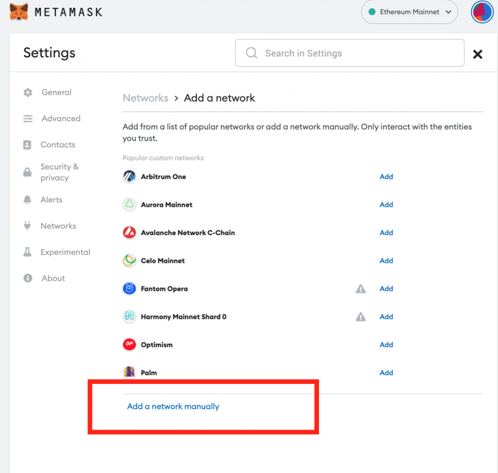 Add Network Manually Button in MetaMask