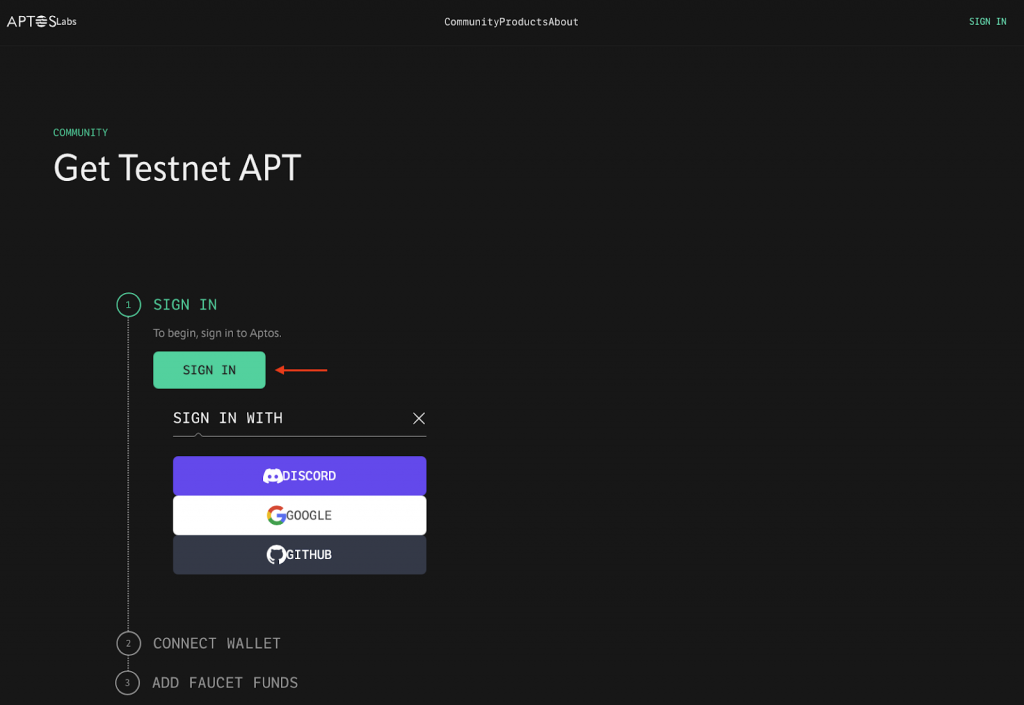 Aptos Faucet Get Testnet APT landing page and the sign in button