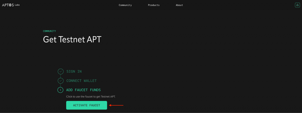 Aptos Faucet landing page with the title - Get Testnet APT and the activate faucet button
