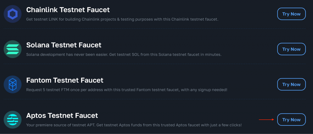 Four testnet faucets outlined on the faucet page from Moralis, including the Aptos testnet faucet plus the Try Now button
