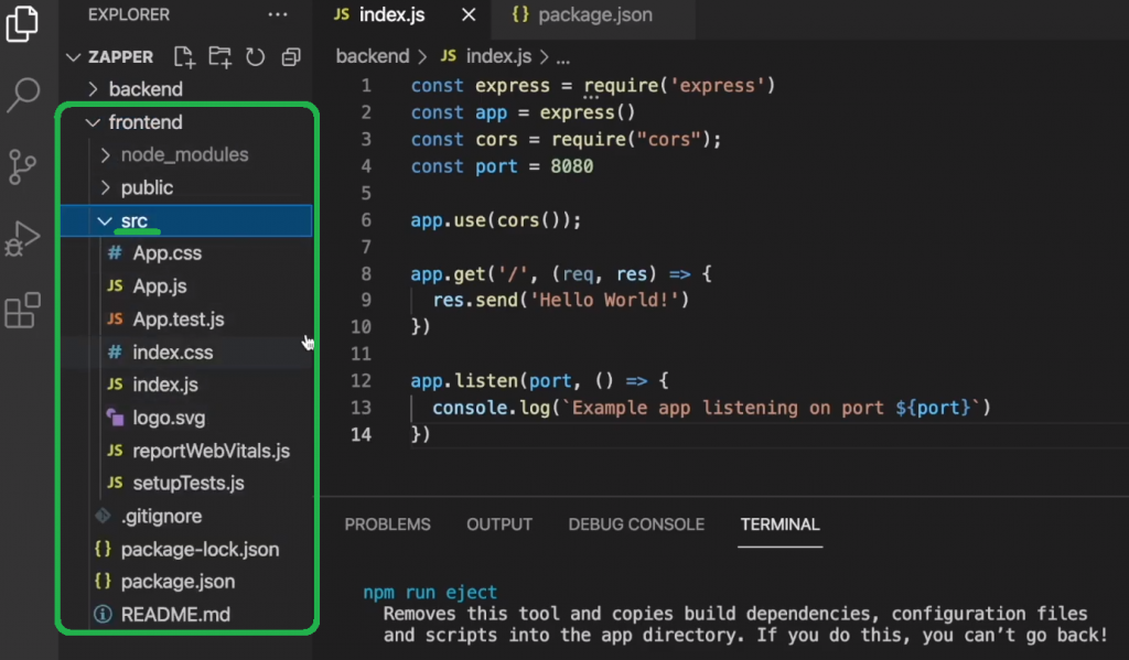 Simple code structure outlined in visual studio code for blockchain app development