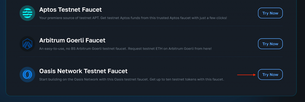 Faucets List with the Oasis Testnet Faucet Highlighted