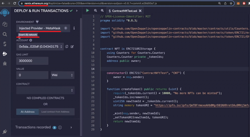 Remix IDE and the Example Code for the NFT Smart Contract