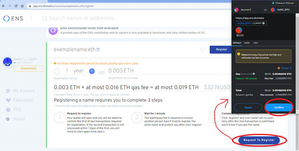 Confirming ENS Domain Purchase in MetaMask Wallet