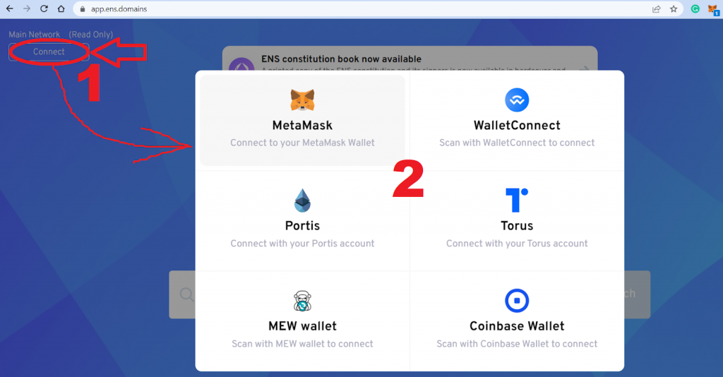 Connect Wallet to Buy ENS Domain - MetaMask Example