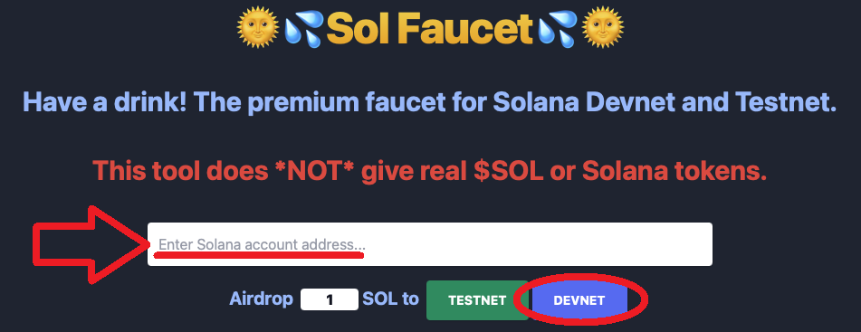 Devnet Faucet for Solana page with entry field