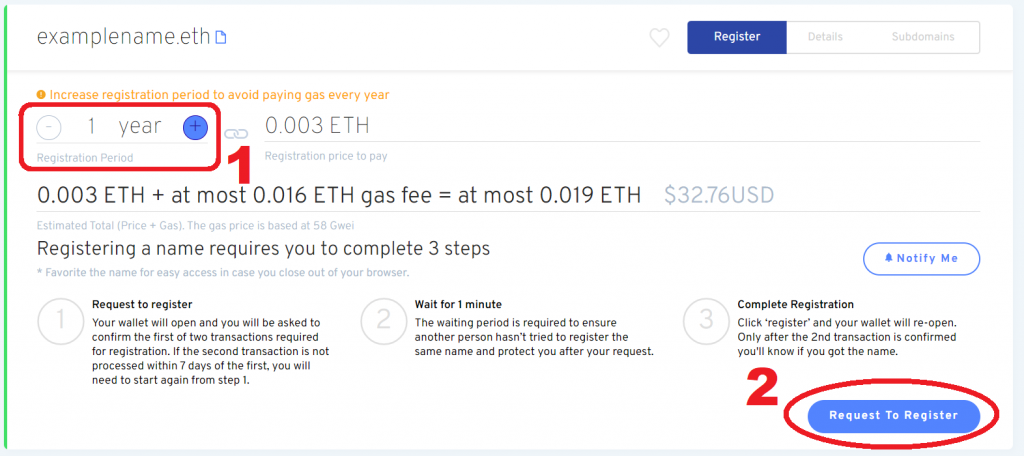 Example - Requesting to Register Newly Purchased ETH Domain