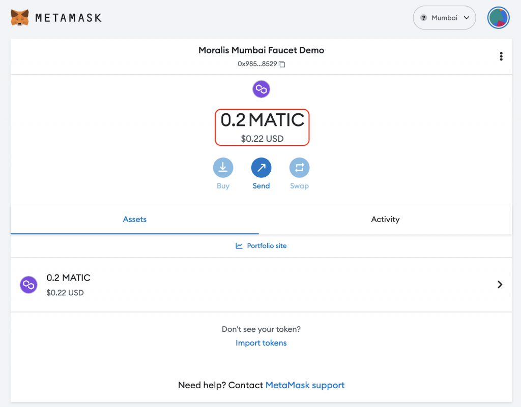 Result of Using MATIC Faucet - 2 MATIC Deposited Into User Wallet