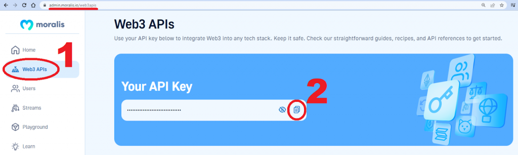 Step 1, click on Web3 APIs. Step 2, copy API Key